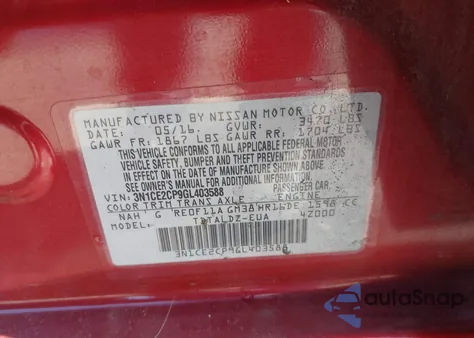 2016 Nissan Versa Note S (Sr)/S Plus/Sl/Sr/Sv z USA, uszkodzony, nr VIN 3N1CE2CP9GL403588